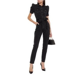 Retrofete Puff Sleeve Belted Charcoal Black Denim Tori Jean Jumpsuit Size XL